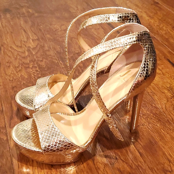 JLO Jennifer Lopez Gold Snakeskin Heeled Platform Sandals - Picture 2 of 7